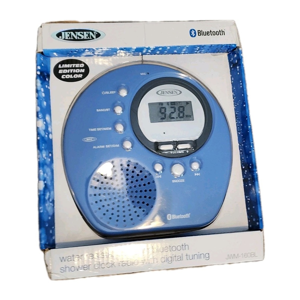 JENSEN JWM-160 Water Resistant Digital Bluetooth Shower Clock Radio Rare Blue